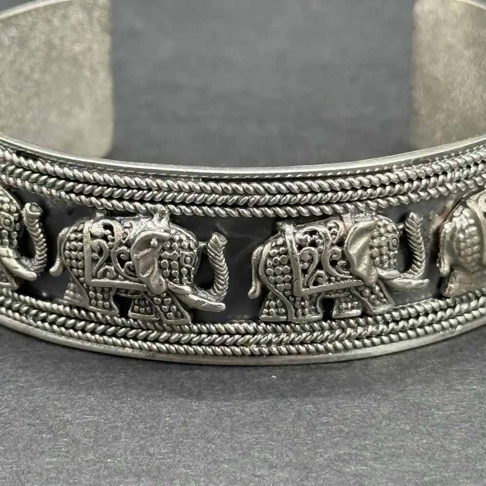 STS Indonesia 925 Sterling Silver Elephant Parade Wide Cuff Bracelet 40g